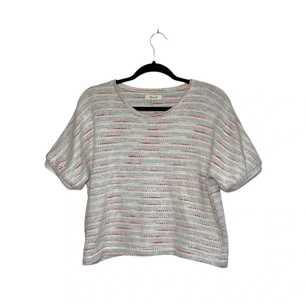 Madewell Textured Puff-Sleeve Cream & Multicolor Striped Knit Top Medium Women’s